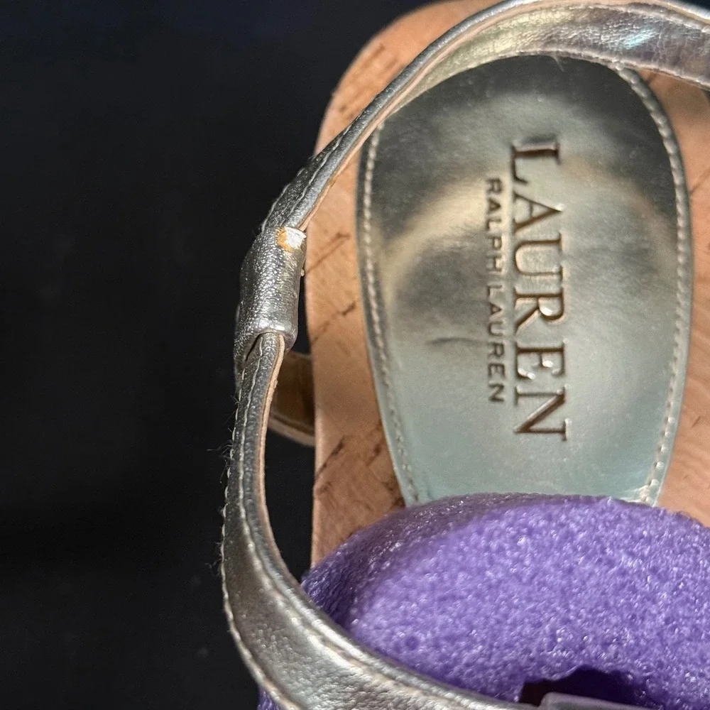 Lauren Ralph Lauren Reeta Cork Wedge Sandals Platino Silver Metallic Womens 8.5B